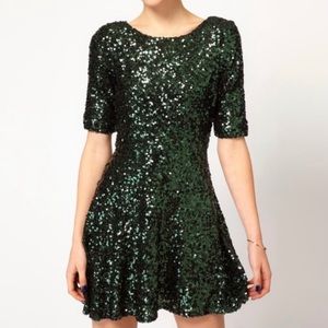 French Connection Sequin Skater Dress Women Size 6 Green Half Sleeve Fit & Flare